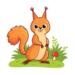 Cute squirrel stands in a green summer meadow next to a mushroom. Vector illustration with animal.