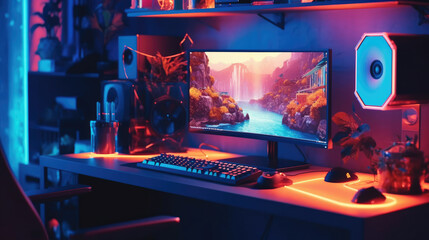 A gaming computer with RGB LED lighting on the desk