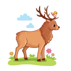Deer with big antlers stands on a green meadow. Vector illustration with cute animal.