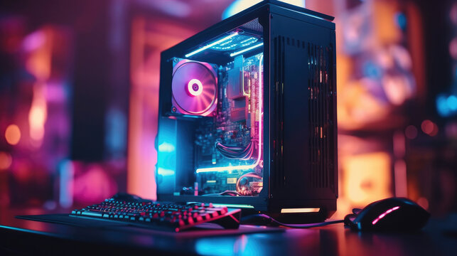 A gaming computer with RGB LED lighting on the desk