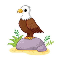 Cute eagle sits on a stone. Beautiful vector illustration with a bird.
