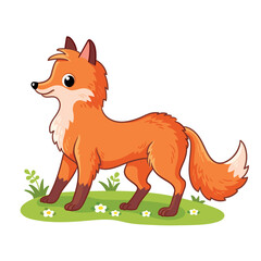 Cute fox stands on a green summer meadow. Beautiful vector illustration with a forest animal.