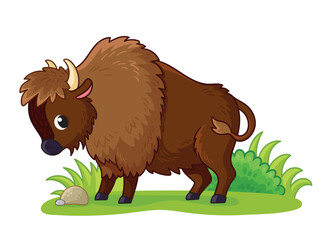 Cute bison stands on a green meadow. Vector illustration with animal.