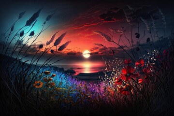 Sunset over the sea and meadow with red poppies
