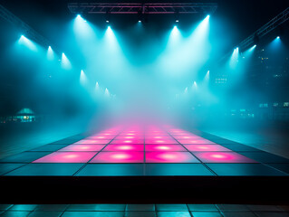 Empty disco dance floor stage background with fog, podium and ceiling spotlights, mockup. Generative AI