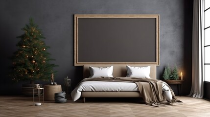 empty wooden table with blank picture frame float up on dark background Empty Space for display your products