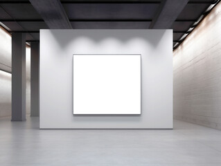 Blank white image frame mockup on ligh grey wall in a modern gallery interior. Generative AI