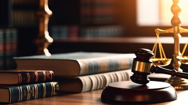 Close-up of judge gavel and books on the desk in the law office room