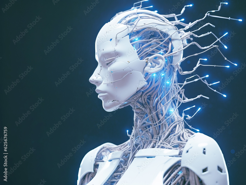 Aufkleber Closeup of white female cyborg head with neural network, robotics and artificial intelligence concept. Generative AI