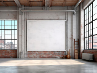 Front view of blank white image frame on brick wall in a dirty loft interior, mockup background. Generative AI
