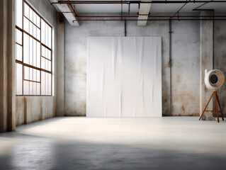 Front view of blank white paper board in a dirty loft interior with concrete floor, mockup background. Generative AI