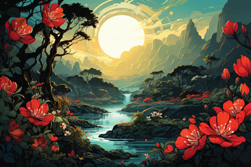 Fototapeta na wymiar vector flat color cartoon illustration of Enchanting landscape art, A mesmerizing wallpaper displaying a magical natural scene