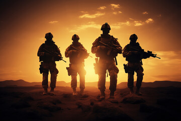 A group of armed mercenary soldiers in the light of the setting sun. The concept of special operations anywhere in the world.