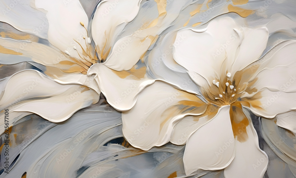 Wall mural White Flower Oil Painting  with Heavy 3D Paint Texture on Abstract Gray Background - Generative AI