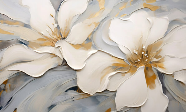 White Flower Oil Painting  with Heavy 3D Paint Texture on Abstract Gray Background - Generative AI