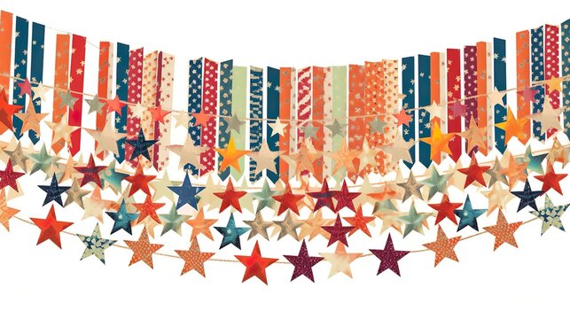 Concept of a July 4th celebration event. Top view flat lay of patriotic folding fans, blue, red, white stars on blue background