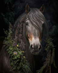 Horse / Bohemian Horse / Equine / Equestrian / Floral Horse / Botanical Horse / PNW Horse / Horse in Garden / Pony / Halflinger / OTTB / Mustang Horse / Witchy Boho / Third Eye / Horse in Forest  - obrazy, fototapety, plakaty