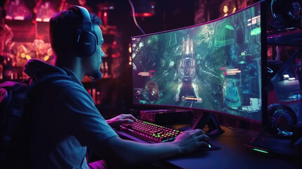 Professional gamers play video games on rgb pc