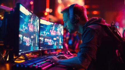 Obraz premium Professional gamers play video games on rgb pc