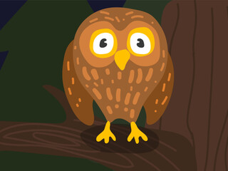 Fototapeta premium Illustration of a cartoon owl on a tree at night. Forest world with a funny owl. An owl in its usual habitat. Children's illustration, printing for children's books