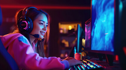 Professional gamer girl plays video games on RGB pc