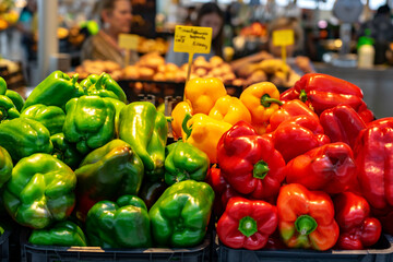 colorful tricolor paprika vegetable on Bolhao market in Porto