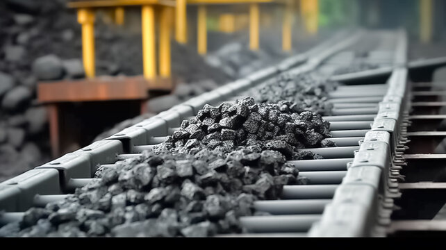 Conveyor belt with coal shooting. Conveyor belt coal. Coal industry.
