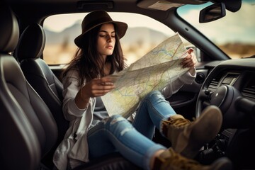 Woman traveling alone sitting in car , AI Generated 