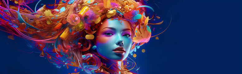 Surreal abstract woman portrait with fantasy bright combinations. Innovative solutions, Symbol of creativity, youth, bright manifestation.Generative Ai content