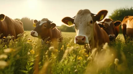 Foto op Plexiglas Toilet Close-up of a herd of bulls feeding on a green field in the morning