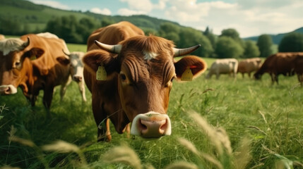 Naklejka na ściany i meble Close-up of a herd of bulls feeding on a green field in the morning