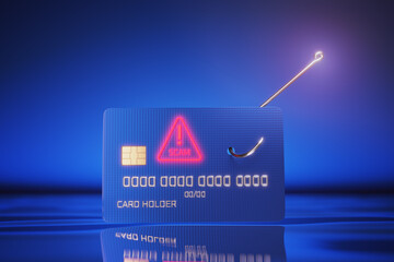 Theft of credit card data, the card caught on a fishhook. Fraudsters, credit card fraud. Fraud of...
