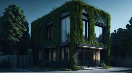 Sustainable modern House overgrown with plants. Created with generative AI.