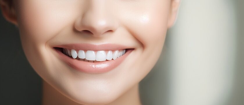 Beautiful wide smile of healthy woman, white teeth close up, dentist tooth whitening. Generative AI