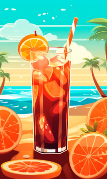 Ilustracion de vaso de baso de zumo de frutas colorido veraniego con fondo de playa