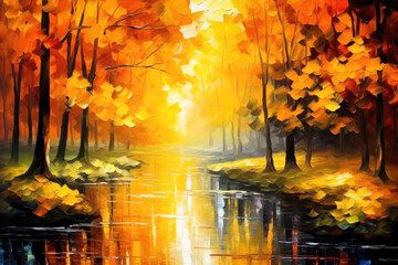 Autumn Fall Forest with River Oil Painting Landscape. Canvas Texture, Brush Strokes.