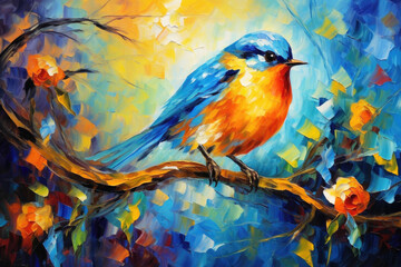 Blue Orange Bird Sitting on Spring Branch Acrylic Painting. Canvas Texture, Brush Strokes.