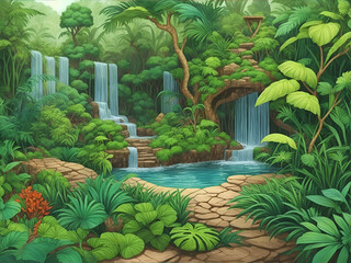 Waterfall in the forest. AI generated illustration
