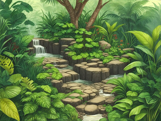 Obraz premium Waterfall in the forest. AI generated illustration