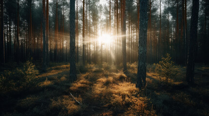 Fototapeta premium Sun shining through pine trees.