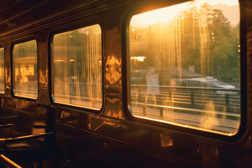 The train view from the window. Panoramic and free view, perspective, rest in motion, vacation freedom. Relaxation. It beckons the unknown in the future. Sunset through the window.