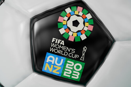 LONDON, UK - July 2023: Fifa Women's world cup logo on a football . 3D Rendering