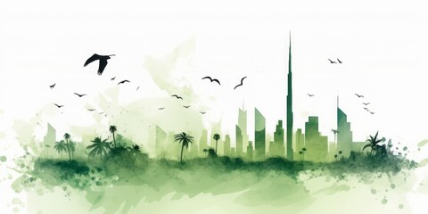 Green Silhouette of Dubai Skyline Celebrating Green Energy and Iconic Landmarks in Beautiful Watercolor Style