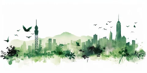 Tableau sur plexiglas Aquarelle gratte-ciel Green Silhouette of Hongkong Skyline Celebrating Green Energy and Iconic Landmarks in Beautiful Watercolor Style  © Ben