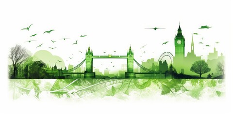 Green Silhouette of London Skyline Celebrating Green Energy and Iconic Landmarks in Beautiful Watercolor Style