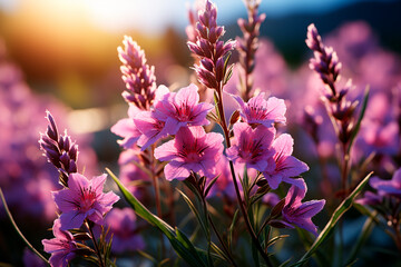 pink flowers on the background of the evening sunset,generative ai