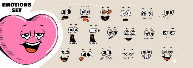 Cartoon retro faces. Vintage emotional face, old style funny eyes and mouth, different facial expression. Vector set