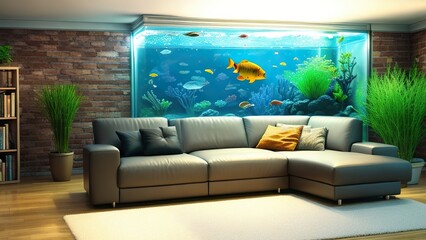 Modern living room with aquarium in the corner, bookshelves, large leather sofa
