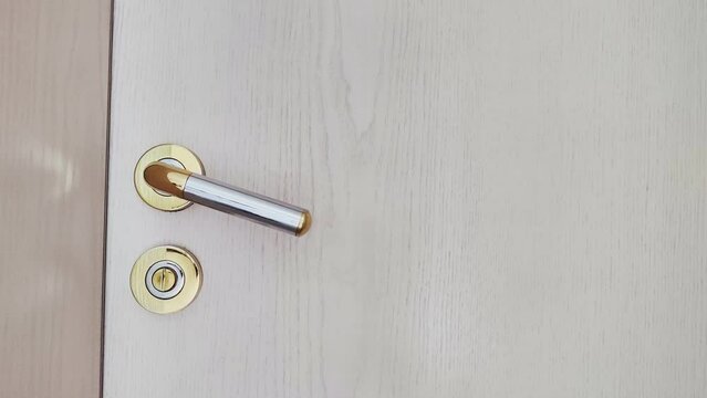 weisse Zimmert&uuml;re mit T&uuml;rklinke &ouml;ffnet schlie&szlig;t sich, Privatsph&auml;re, Karriere, Chance, Zugang, Eingang, schloss gold, silber, holz, metall, 4K, Nahaufnahme