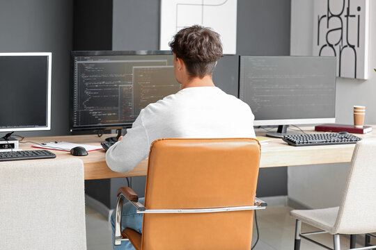 Male programmer working with computer at table in office, back view